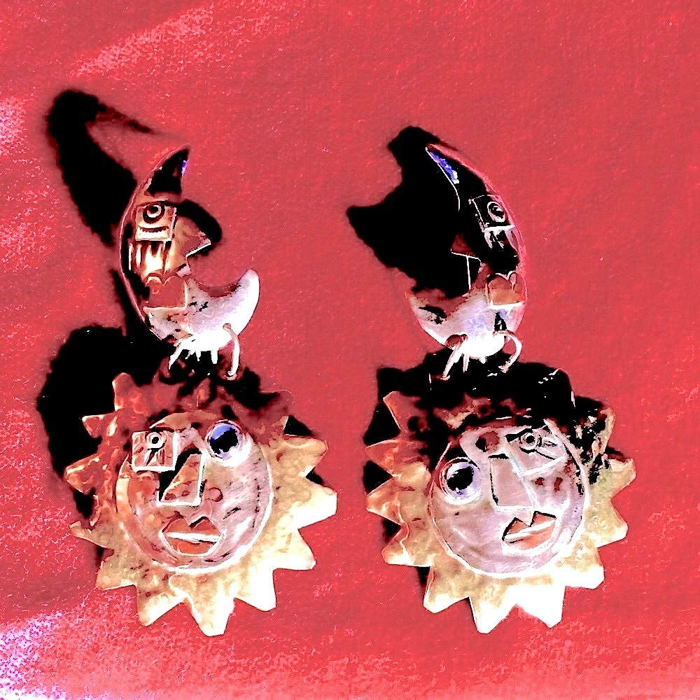 Vintage Boho Moon & Sun Earrings by California Silversmith, Cindy Bolin